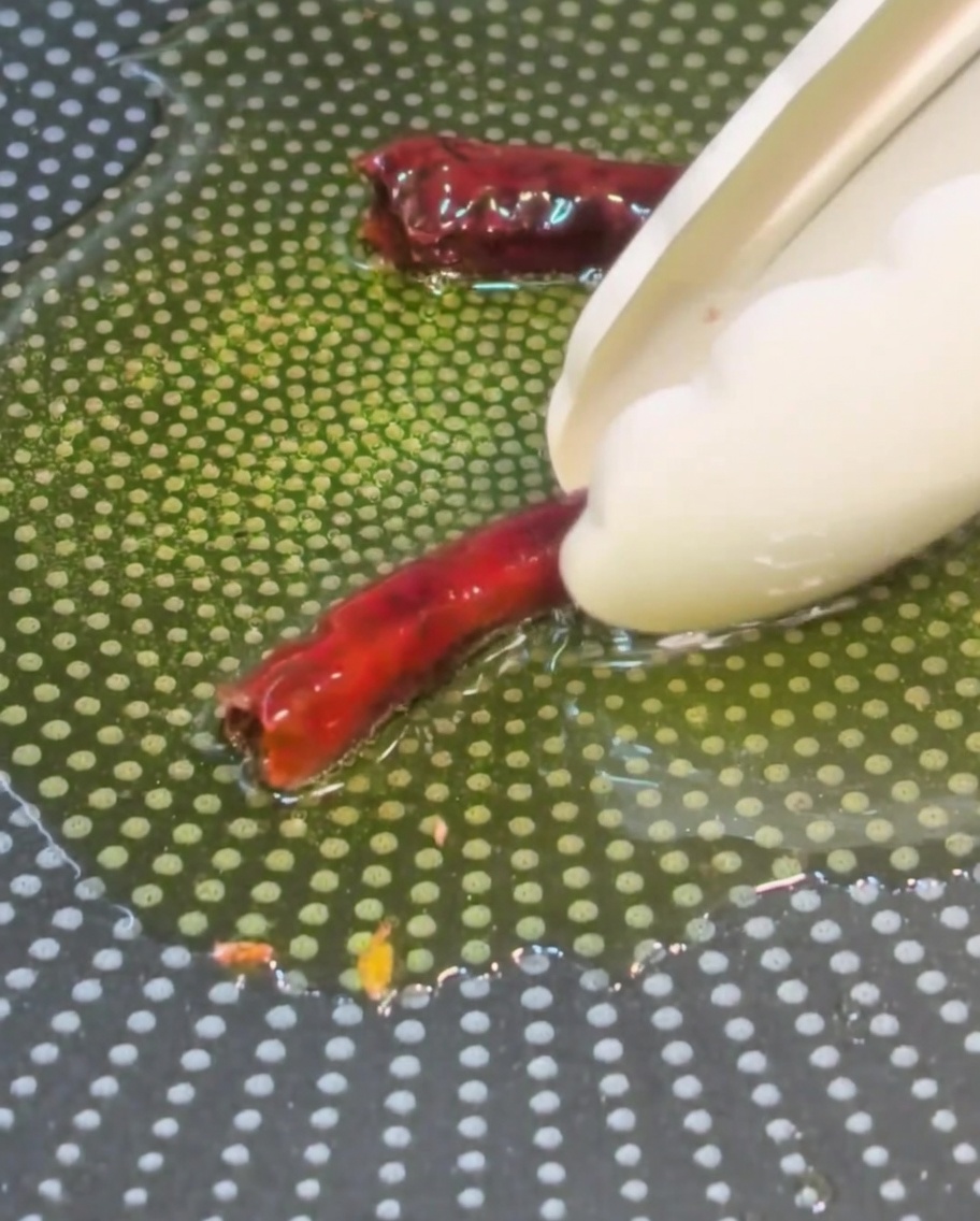 Getrocknete rote Chilis werden in das heiße, mit Knoblauch aromatisierte Olivenöl gegeben.