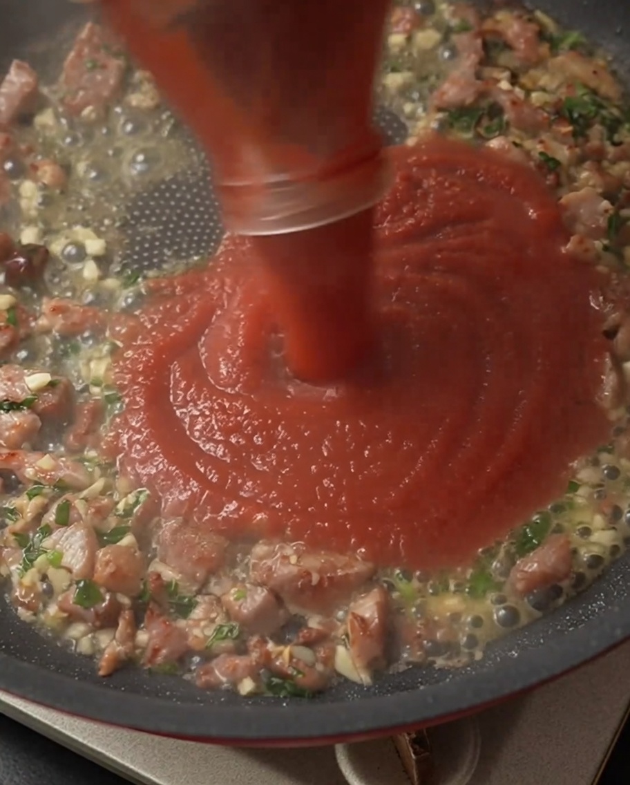 Rote Tomatensoße fließt aus einem Glas in die Pfanne mit den angebratenen Zutaten.