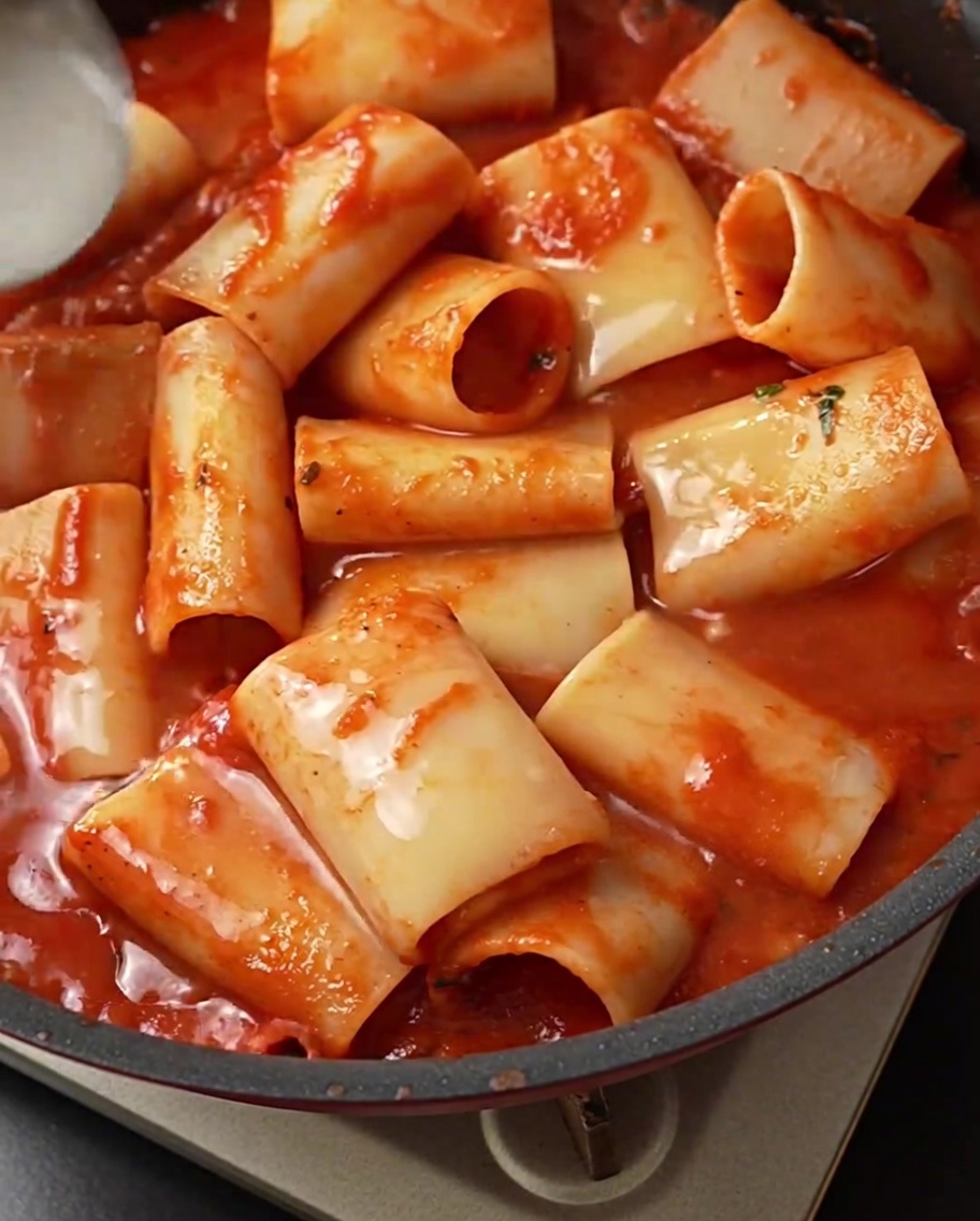 Eine Schöpfkelle gießt trübes Nudelwasser zu den Rigatoni und der Tomatensoße in die Pfanne.