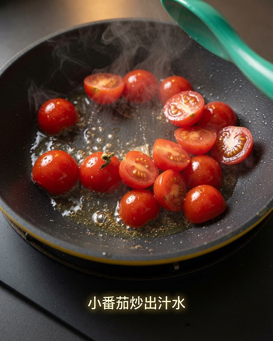 Halbierte Kirschtomaten in einer Pfanne, die ihren Saft abgeben.