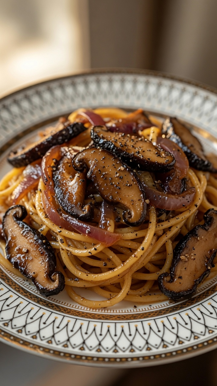 Ein Teller mit Black-Pepper-Pilz-Spaghetti, serviert mit glänzenden Spaghetti, gebratenen Shiitake-Pilzscheiben und roten Zwiebeln in einer herzhaften Pfeffersauce.