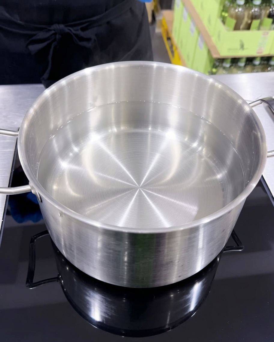 Ein großer Topf mit kochendem Wasser, gewürzt mit Salz und einem Schuss Öl.
