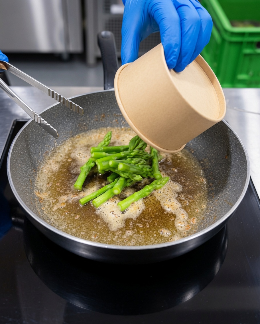 Frische grüne Spargelstücke werden im aromatischen Garnelenöl angebraten.
