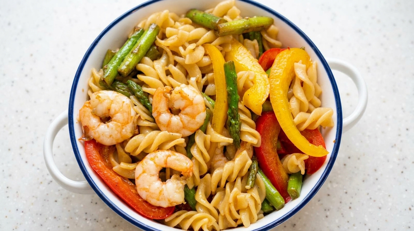 Einfache Pfannen-Pasta mit Garnelen und Gemüse