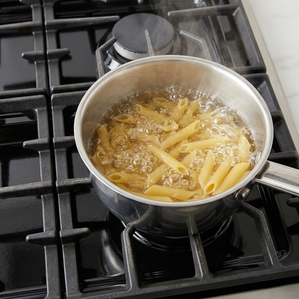 Rigatoni werden in einen Topf mit kochendem Salzwasser gegeben.