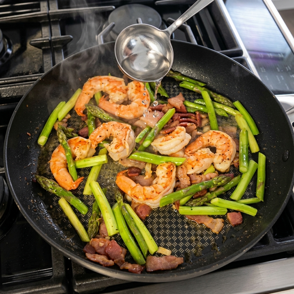 Zwei Schöpflöffel Pastawasser werden in die Pfanne gegeben, um mit Garnelen, Speck und Spargel zu köcheln.