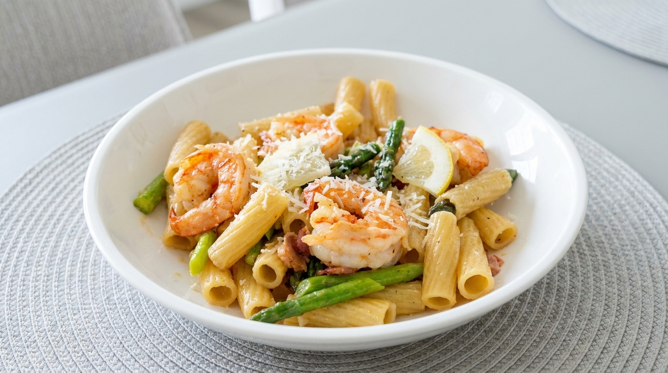 Rigatoni mit Spargel und Garnelen