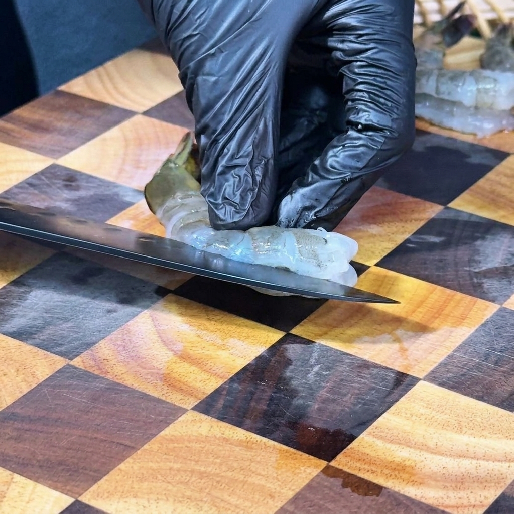 Eine Person mit schwarzen Handschuhen entfernt mit einem Küchenmesser den Darm bei einer rohen Garnele auf einem Holzschneidebrett.