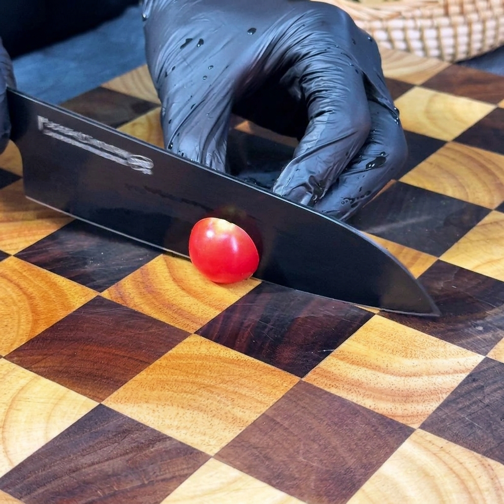 Ein scharfes Messer halbiert eine Kirschtomate auf einem Schachbrett-Holzschneidebrett.