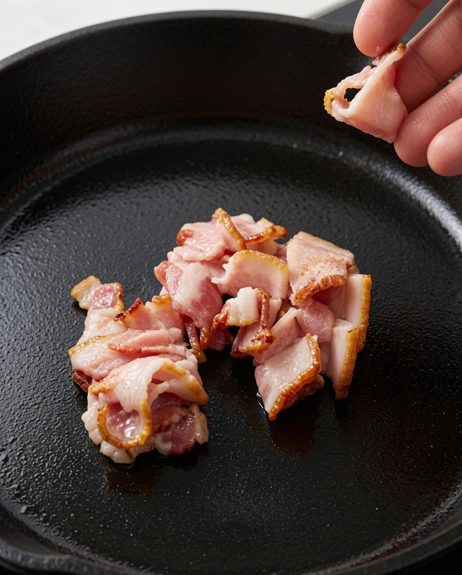 Eine Hand gibt geschnittenen Speck in eine dunkle gusseiserne Pfanne.