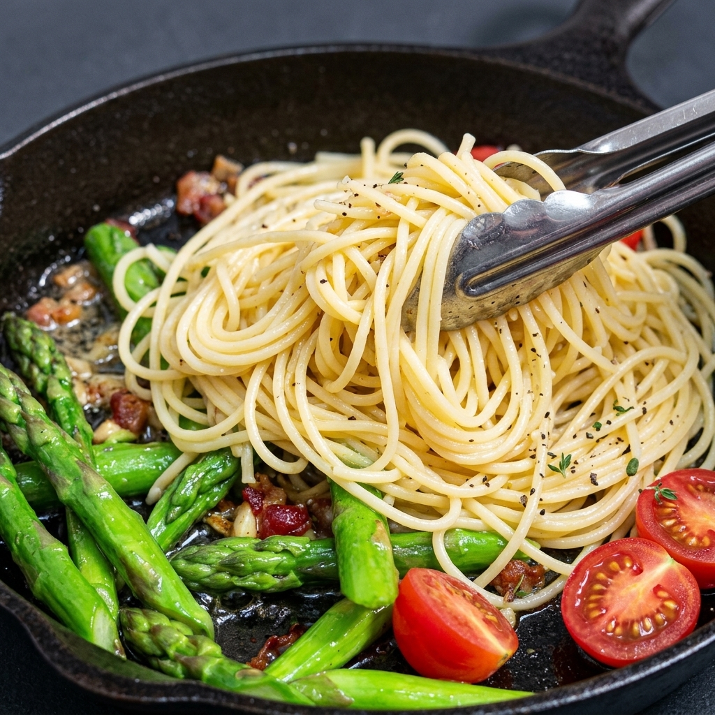 Gekochte Pasta wird in eine Pfanne mit dem angebratenen Gemüse gegeben.