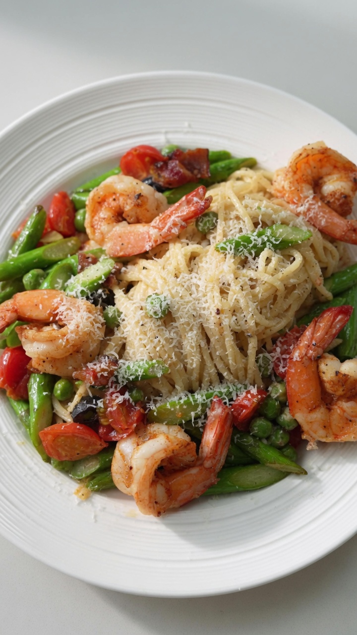 Ein Teller cremige Pasta mit gebratenen Garnelen, frischem Spargel, Kirschtomaten und Erbsen, verfeinert mit einer Schicht Parmesan.