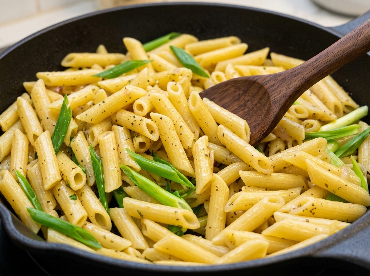 Penne-Pasta wird in einer gusseisernen Pfanne mit schwarzer Pfeffersauce und grünen Sprossen mit einem Holzspatel gebraten.