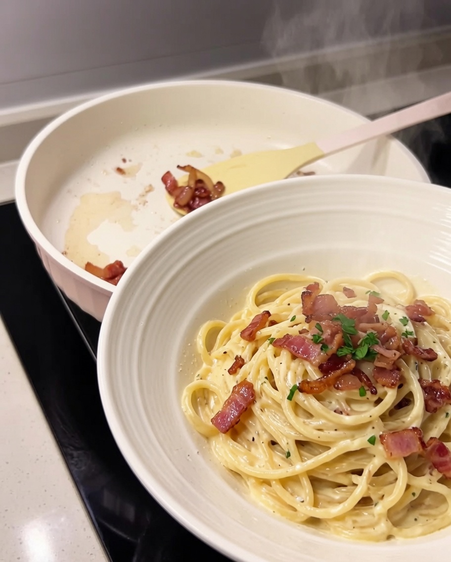 Knusprige Guanciale-Stücke werden aus der Pfanne in eine Schüssel gegeben.