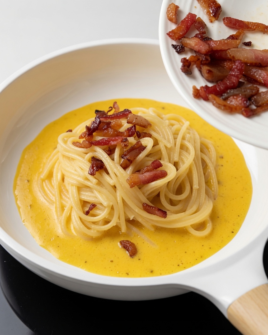 Knusprige Guanciale-Stücke werden über die Pasta gestreut.