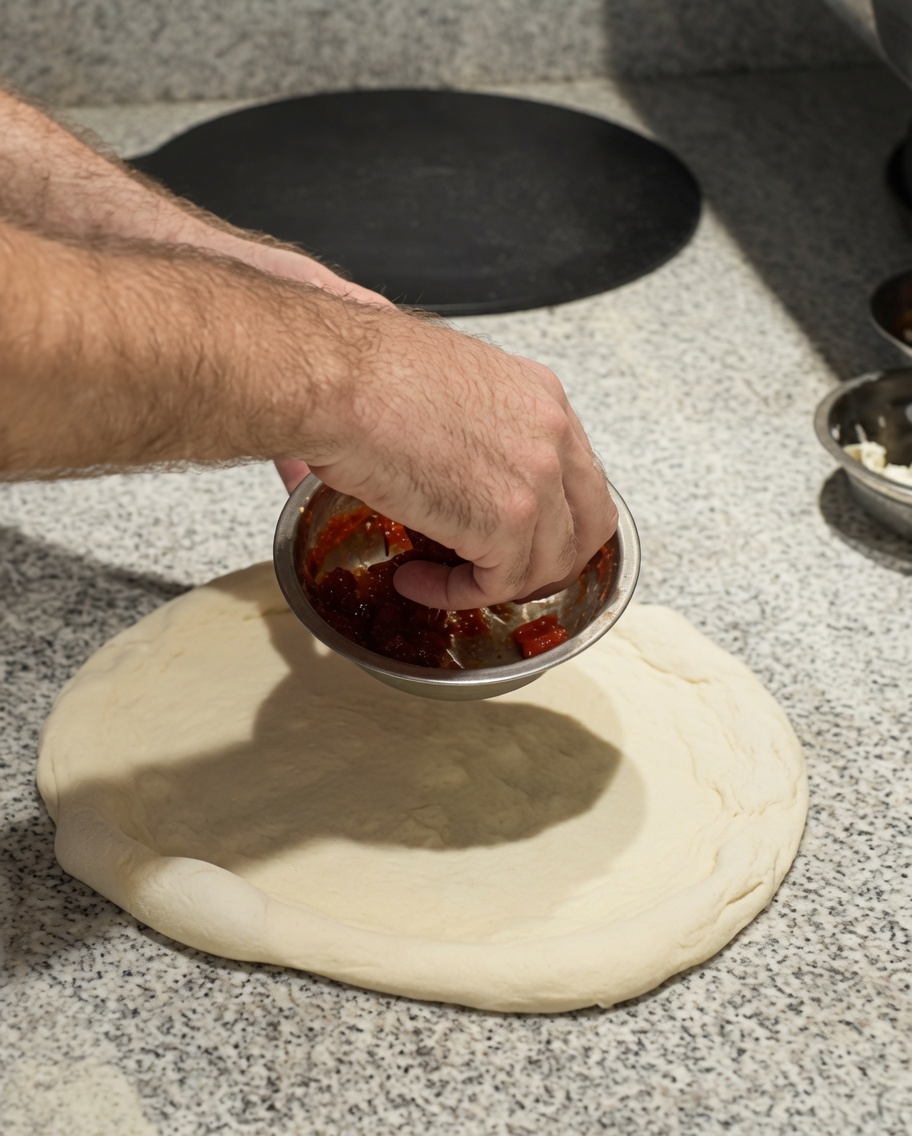 Getrocknete Tomaten werden auf einem rohen Pizzateig verteilt.