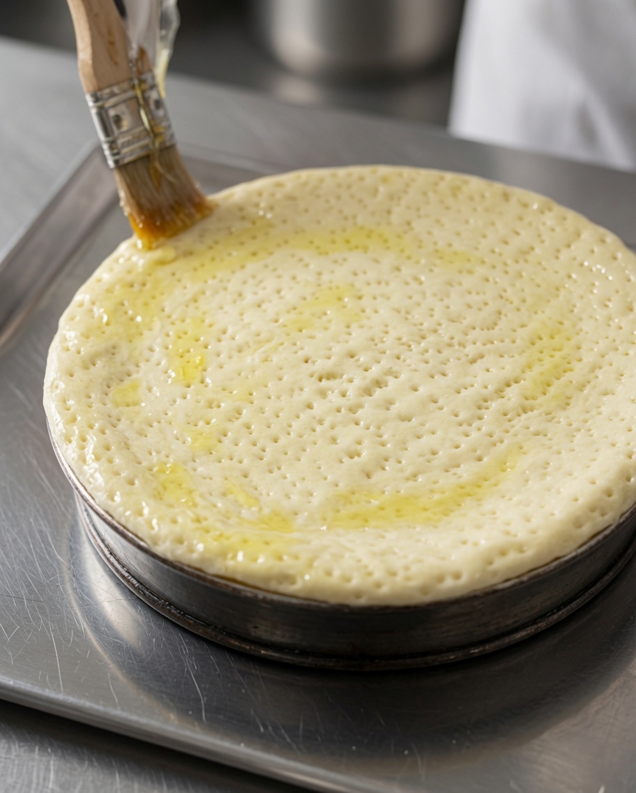 Olivenöl wird mit einem Pinsel auf der Oberfläche des Pizzabodens verteilt.