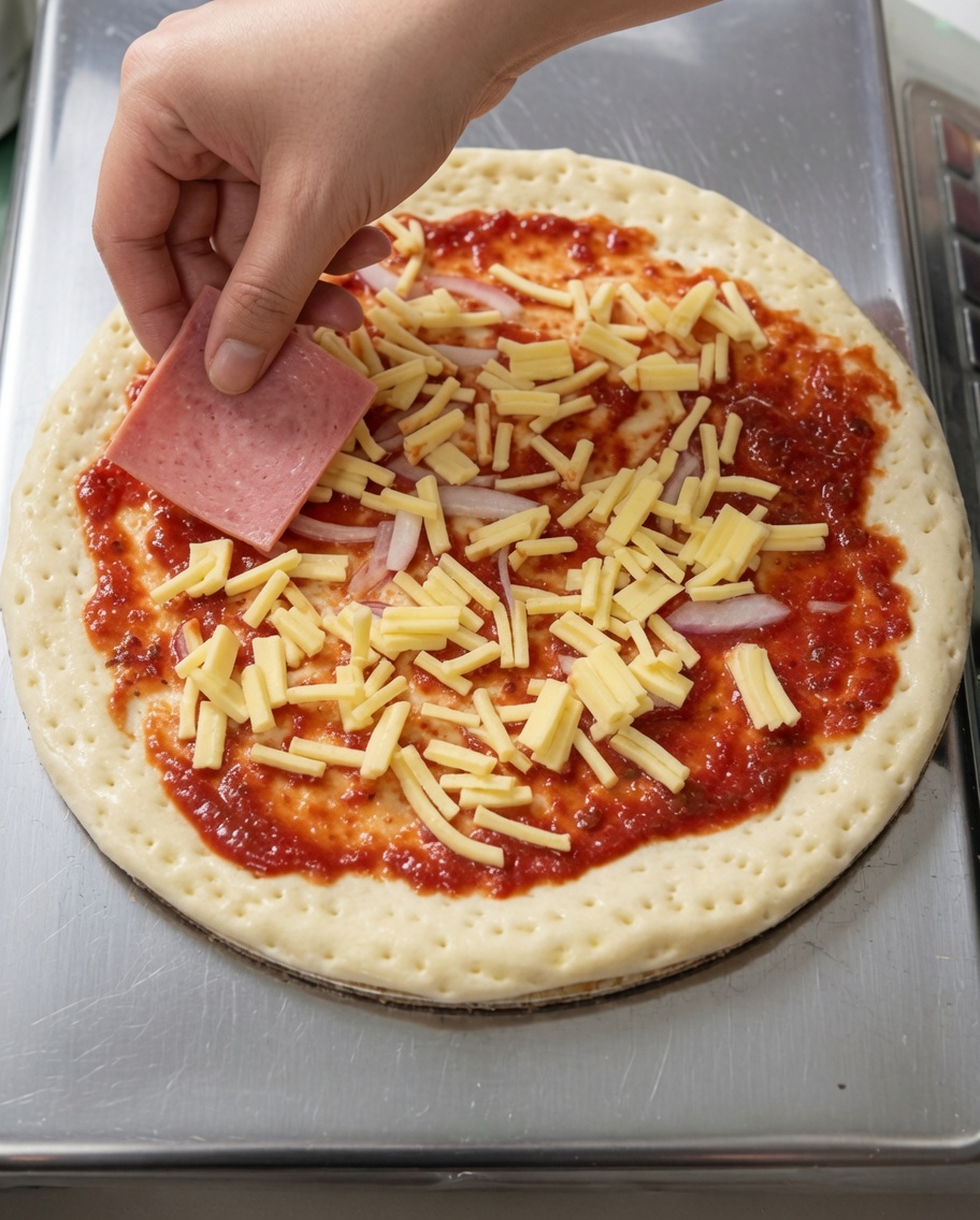 Nahaufnahme von quadratischen Schinkenstücken, die auf der mit Käse bedeckten Pizza platziert werden.