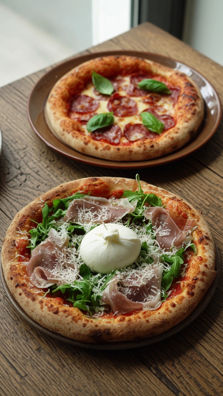 Hausgemachte Pizza mit Burrata, Prosciutto und Salami
