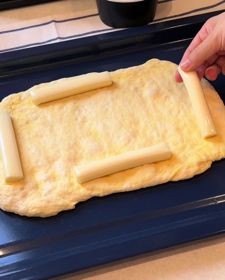 Hände klappen den Teigrand über die Mozzarella-Sticks, um einen gefüllten Rand zu formen.