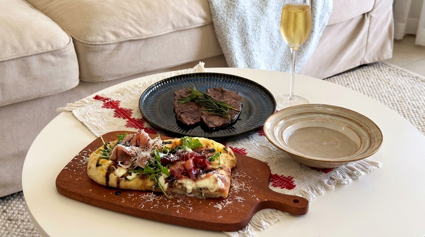 Italienische Burrata-Prosciutto-Pizza mit gebratenem Steak