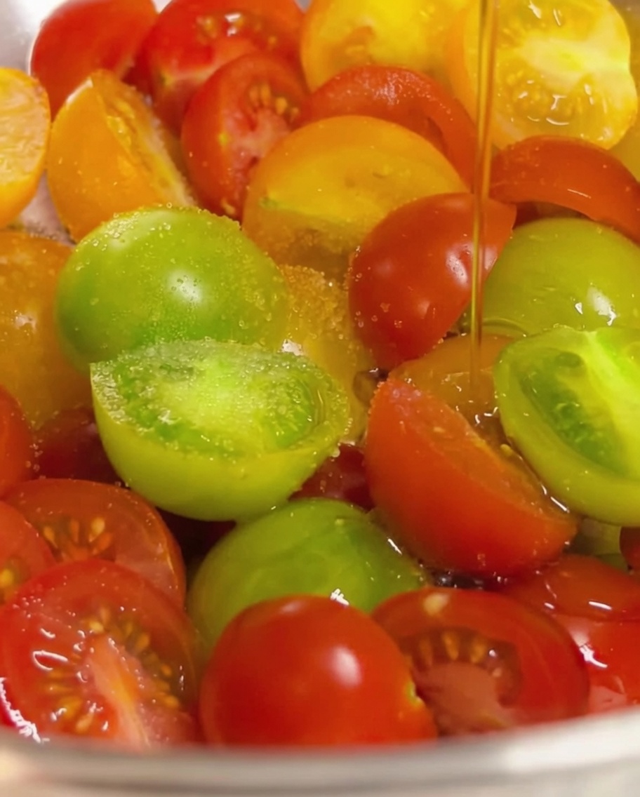 Olivenöl wird in einem dünnen Strahl über eine bunte Mischung aus halbierten Kirschtomaten gegossen, die mit Salz gewürzt sind.