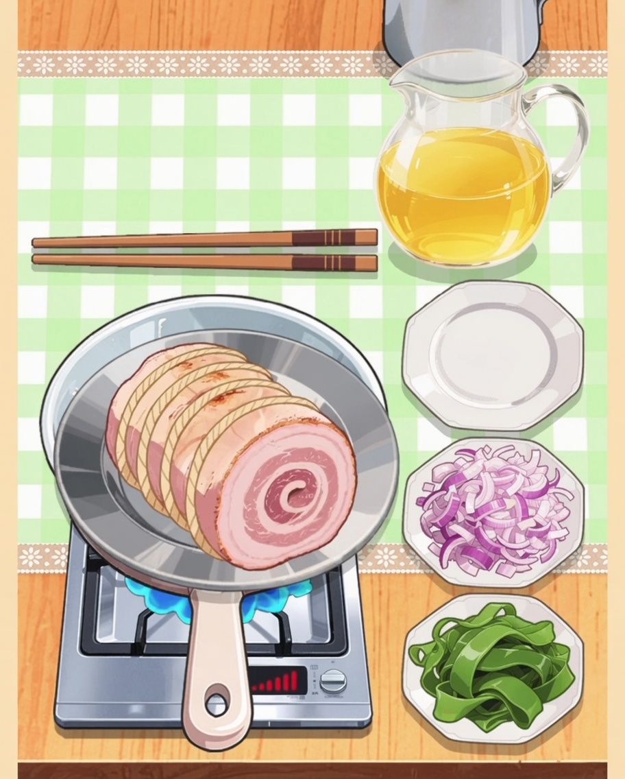 Eine gerollte und gebundene Schweinebauchrolle brät in einer Pfanne neben Zwiebeln und Gemüse.