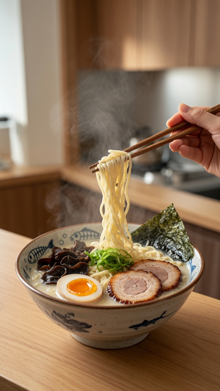 Eine dampfende Schüssel Hakata Tonkotsu Ramen, garniert mit zartem Char Siu, einem weich gekochten Ei und Mu-Err-Pilzen.