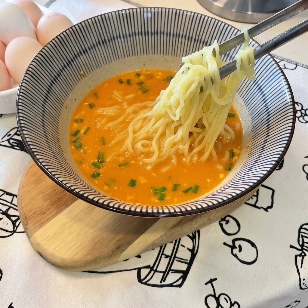 Eine fertige Schüssel Ramen, garniert mit Eihälften, Algenstreifen und Frühlingszwiebeln.