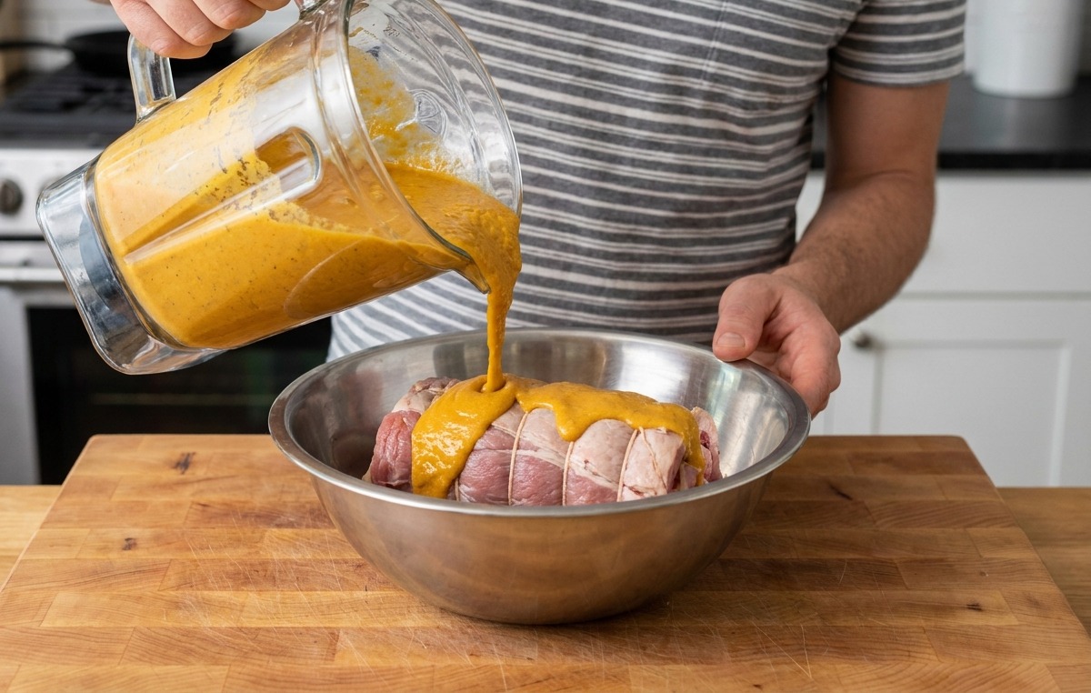 Eine orangefarbene Gemüsemarinade wird aus einem Mixer über einen gebundenen Schweinebauch in einer Metallschüssel gegossen.