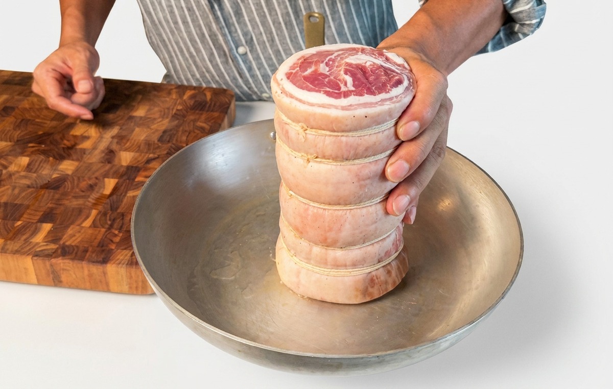 Ein gerollter Schweinebauch wird aufrecht in einer erhitzten Pfanne mit flachem Boden gehalten, um die Enden anzubraten.