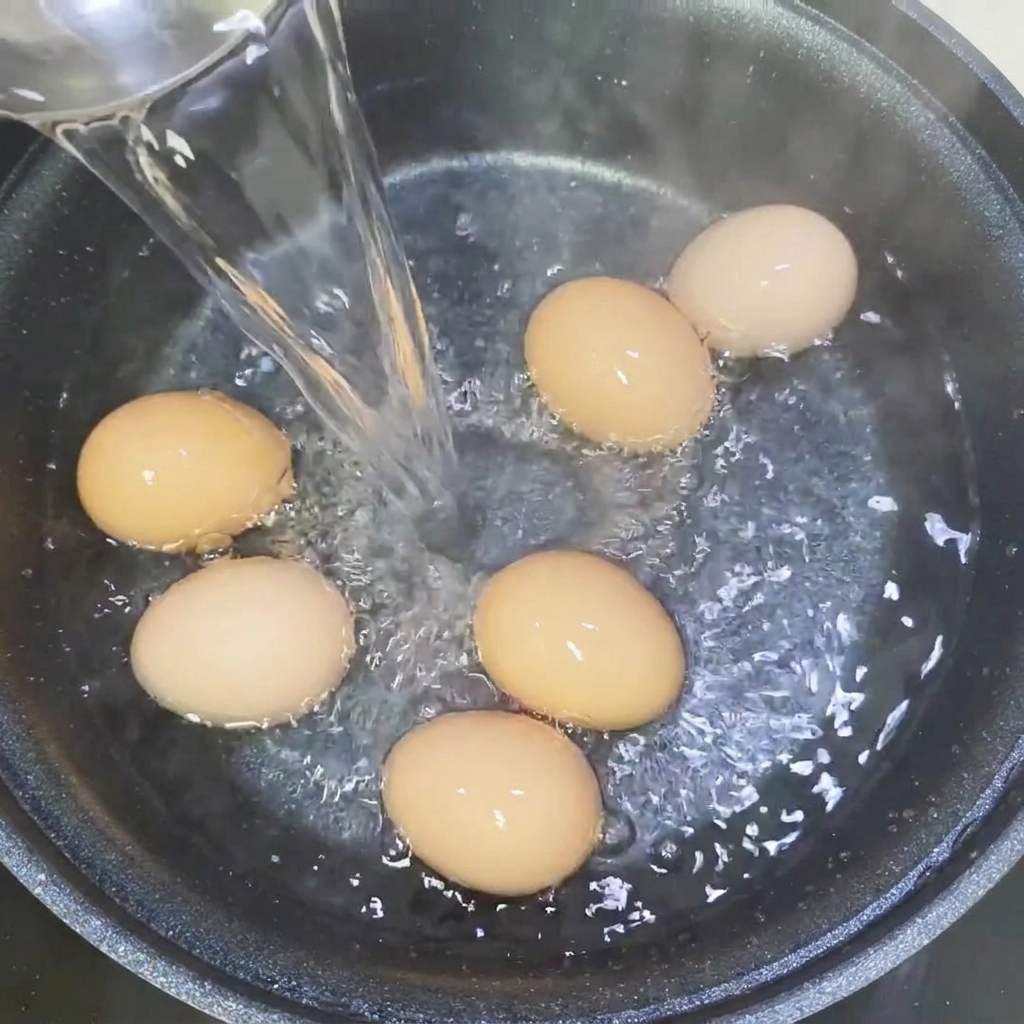 Eier kochen in einem Topf auf dem Herd.