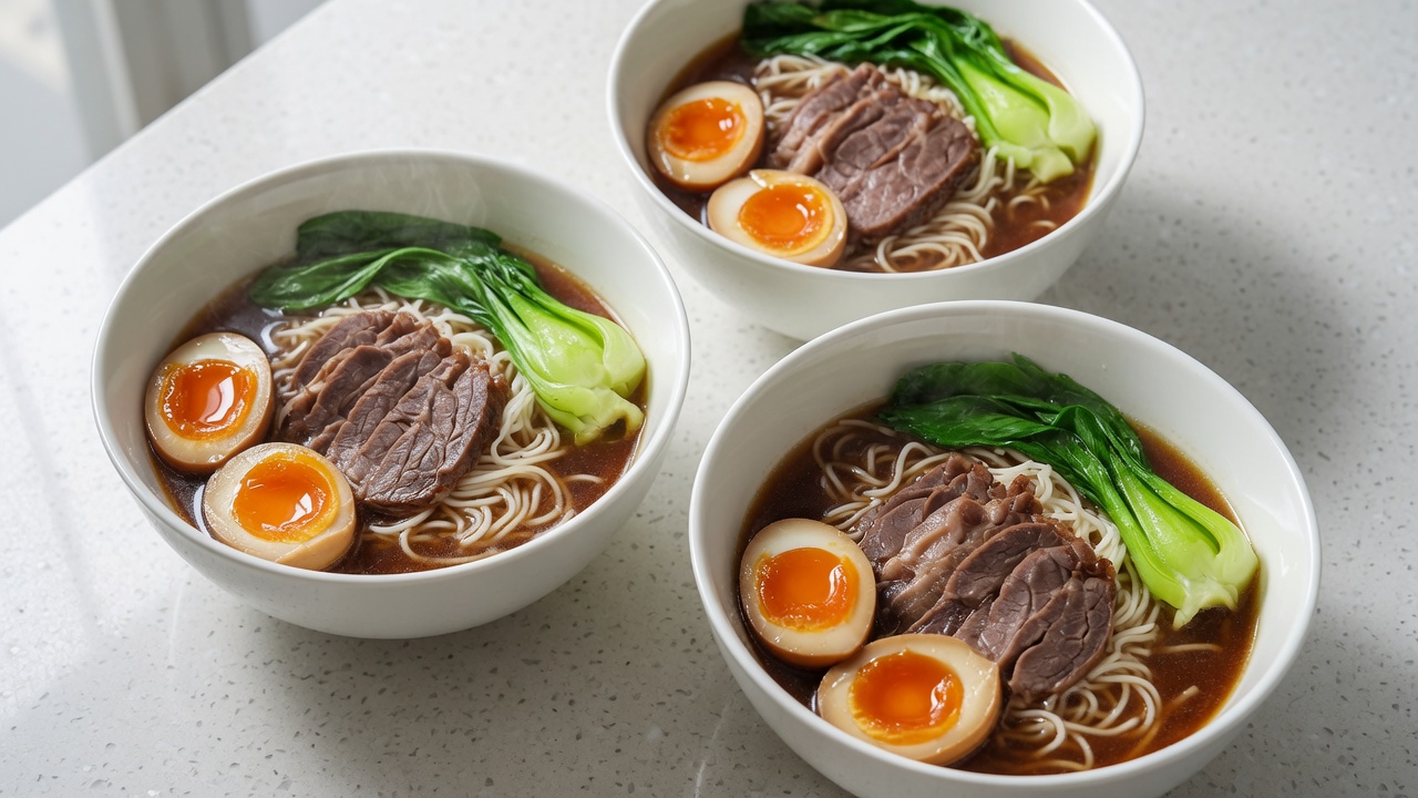 Geschmorte Rinderbeinsuppe mit weichgekochten Eiern