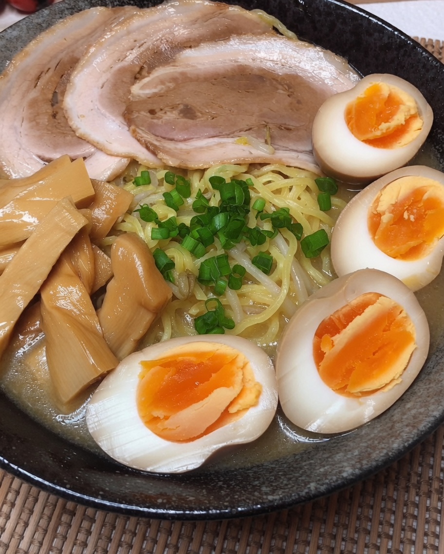 Eine dampfende Schale Ramen, die mit gehackten Frühlingszwiebeln garniert wird.