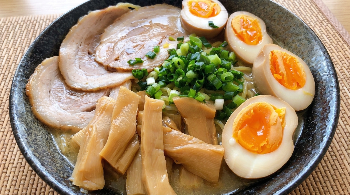 Japanisches Ramen mit in Sojasauce marinierten Eiern (Ajitsuke Tamago)