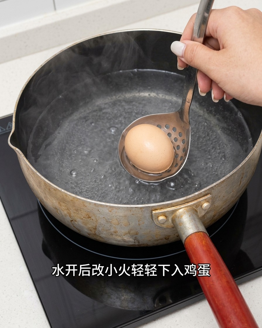 Ein rohes Ei wird mit einem Schaumlöffel vorsichtig in einen Topf mit köchelndem Wasser herabgelassen.