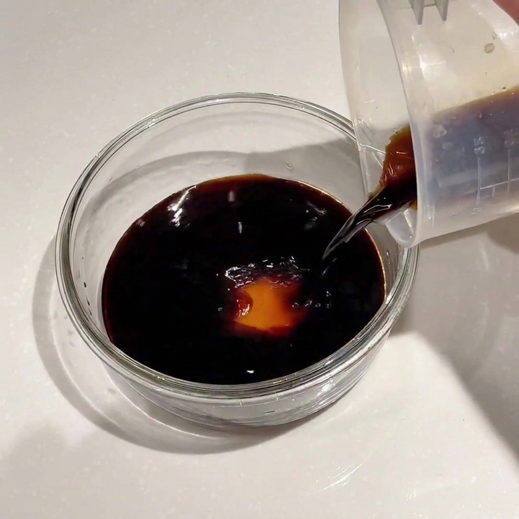 Klares Wasser wird in eine Schüssel mit dunkler Sojasauce gegossen.