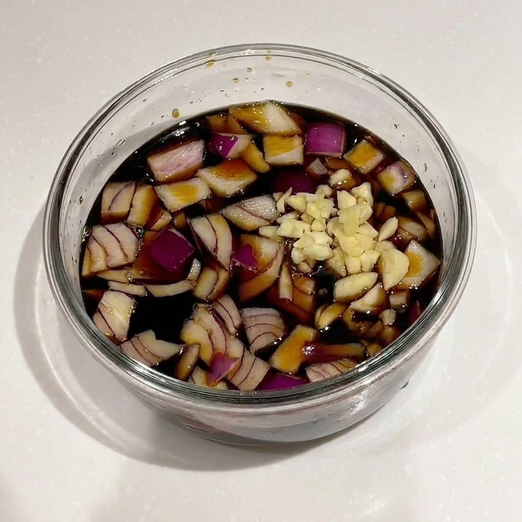 Eine Mischung aus roten Zwiebeln, Knoblauch, Frühlingszwiebeln und Sesam wird zu einer Sojasaucen-Marinade gegeben.