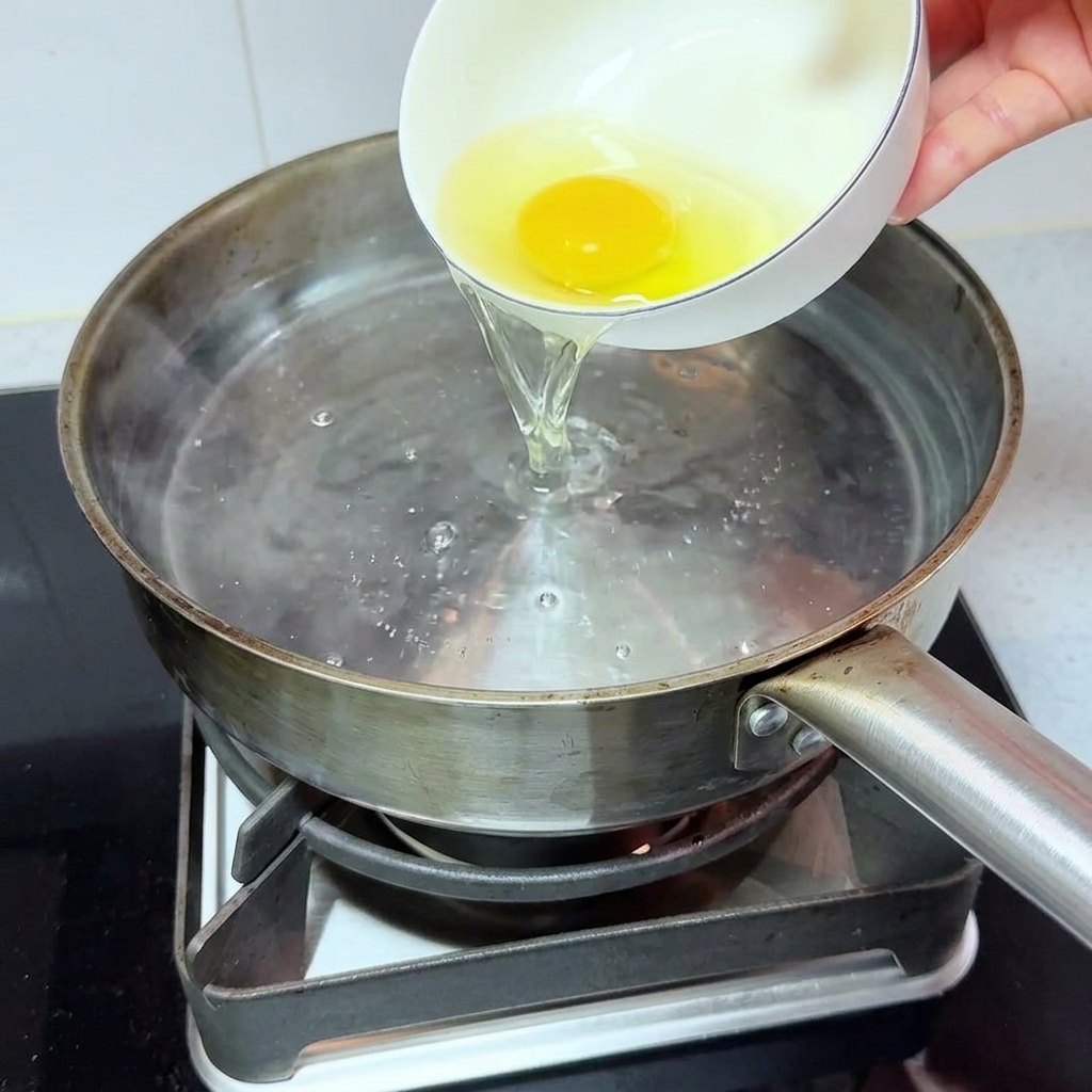 Aus einer kleinen weißen Schüssel wird ein rohes Ei samt klarer Flüssigkeit in einen Edelstahltopf mit kochendem Wasser gegossen.