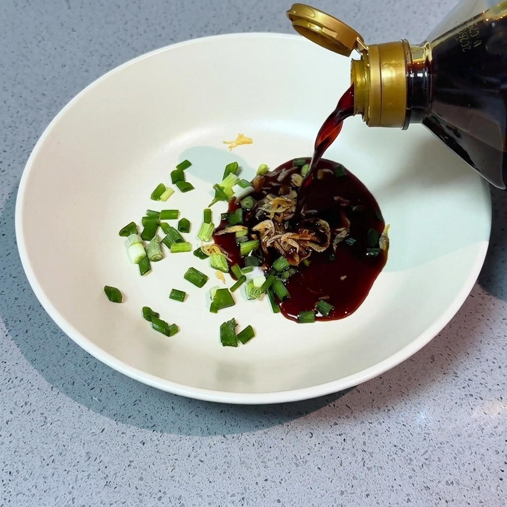 Dunkle Sojasauce wird aus einer Flasche in eine Schüssel gegossen, die bereits Frühlingszwiebeln, getrocknete Garnelen und einen Schuss helle Sojasauce enthält.