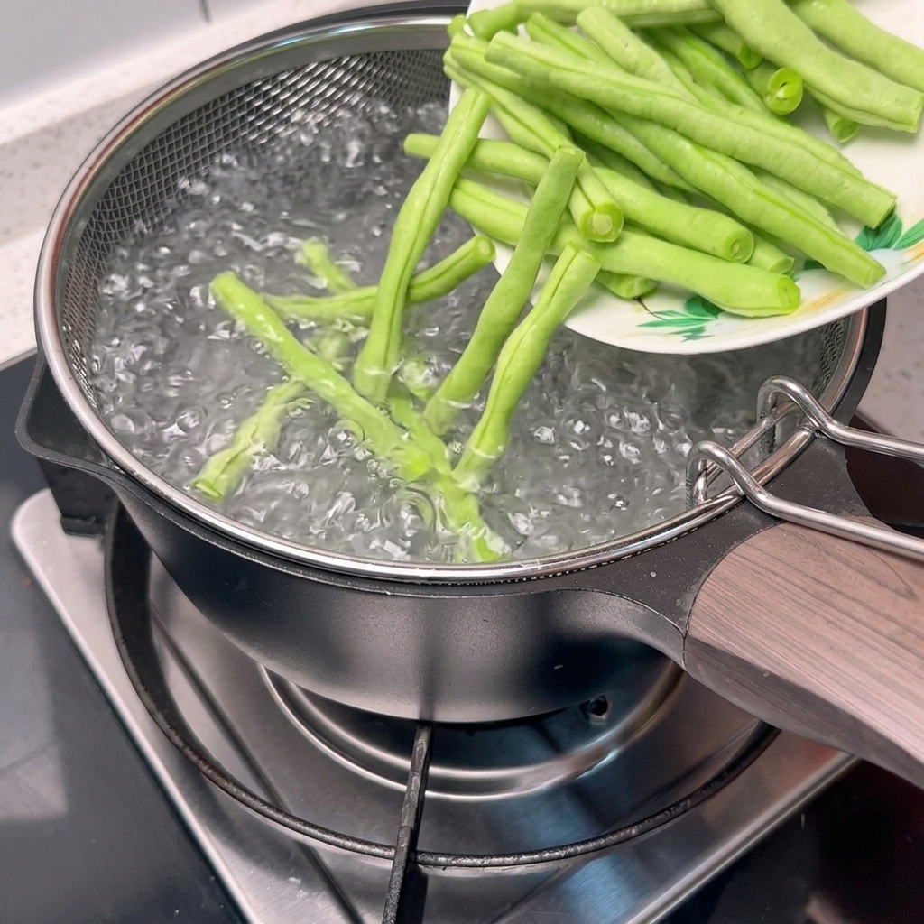 Ein Metallsieb senkt frische grüne Bohnen in einen großen Topf mit kochendem Wasser.