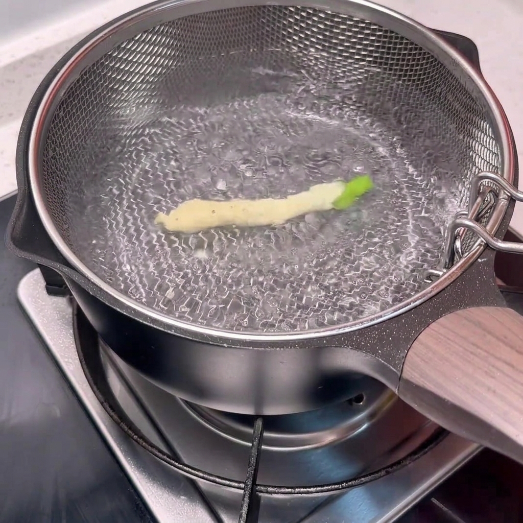 Eine einzelne, in Teig gehüllte grüne Bohne schwimmt in einem Topf mit kochendem Wasser.