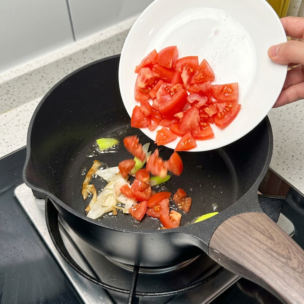Gehackte Tomaten werden zu einer Pfanne mit sautierten Frühlingszwiebeln gegeben, um die Dip-Sauce vorzubereiten.