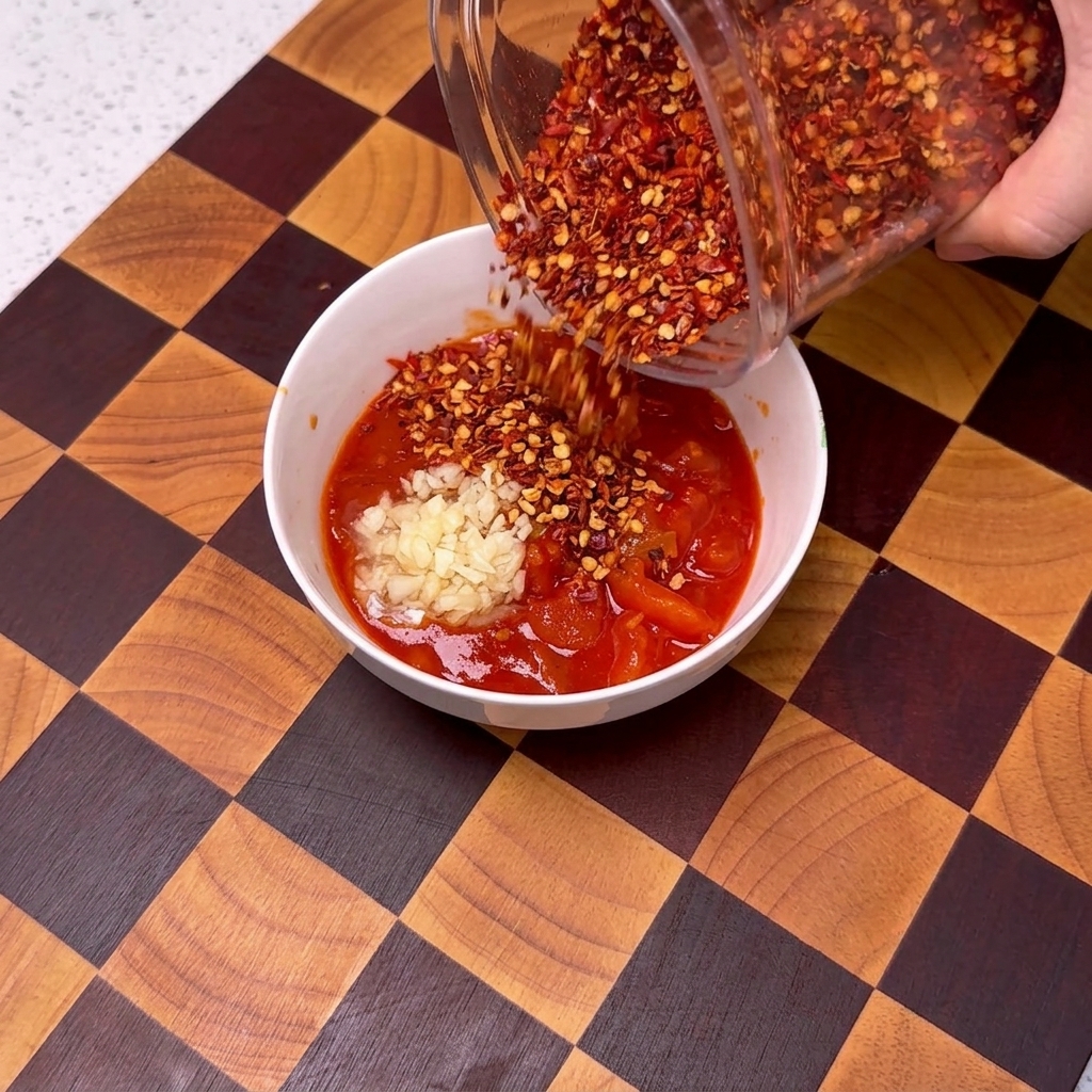 Eine Nahaufnahme einer Schüssel mit gekochter Tomatensauce, während gehackter Knoblauch, Chiliflocken, Sesam und Zucker darüber gegeben werden.