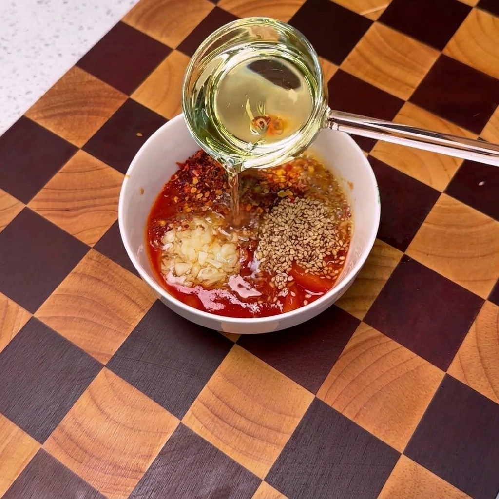 Heißes Öl wird aus einer kleinen Kelle in eine Schüssel mit Tomatensauce gegossen, die mit Knoblauch und Gewürzen belegt ist, was ein zischendes Geräusch erzeugt.