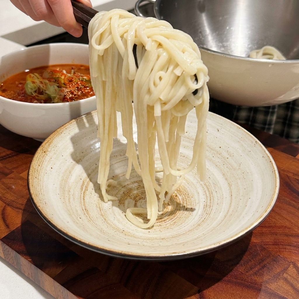 Gekochte Udon-Nudeln werden in eine Schüssel gegeben.