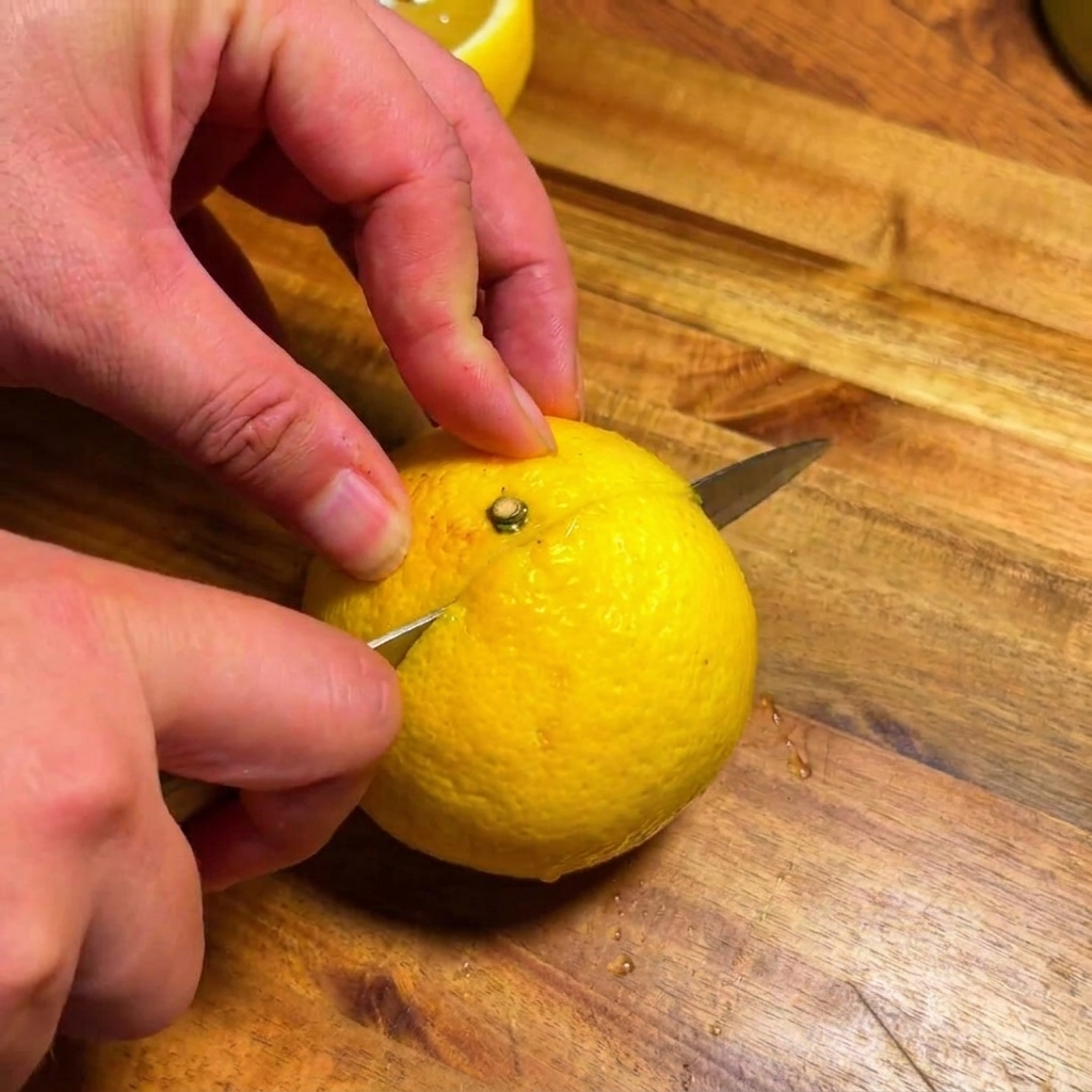 Nahaufnahme eines Messers, das eine frische, leuchtend gelbe Yuzu-Frucht auf einem Holzbrett halbiert.