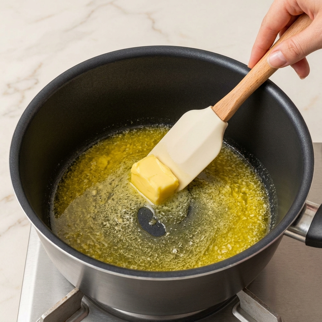 Ein Holzspatel rührt Butter, Milch, Mehl und Käsescheiben in einem Topf zu einer glatten, gelben Sauce.