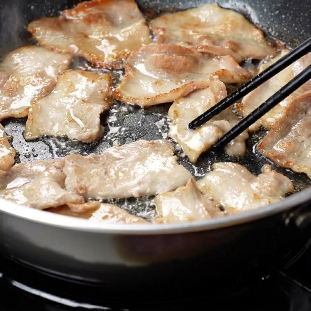 Schweinebauchscheiben werden in der Pfanne gewendet, um die goldbraune Kruste zu zeigen.