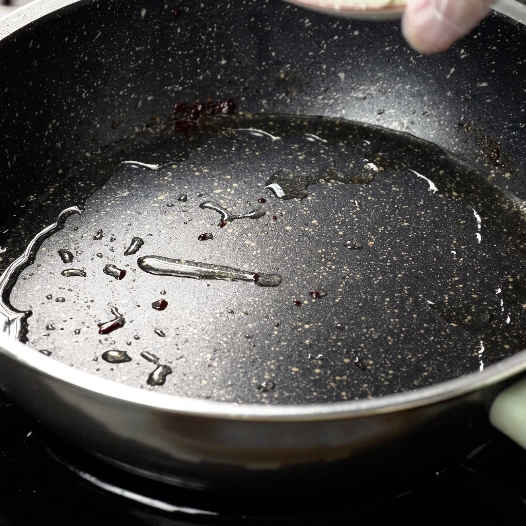 Zwiebelstreifen dünsten in der Pfanne im restlichen Öl glasig.